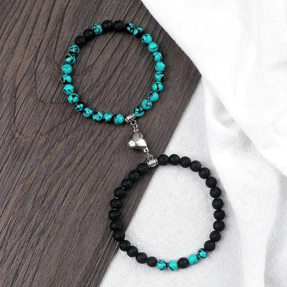 Couples Magnetic Chain Bracelets Turquoise and Black Beads