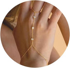 Hand and finger chain with zircons - women's hand bracelet gold