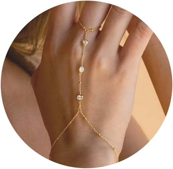 Hand and finger chain with zircons - women's hand bracelet gold