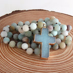 Rosary Cross Pendant Necklace in Green Natural Stones