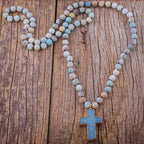Rosary Cross Pendant Necklace in Amazonite Natural Stones