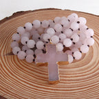 Rosary Cross Pendant Necklace in Pink Natural Stones