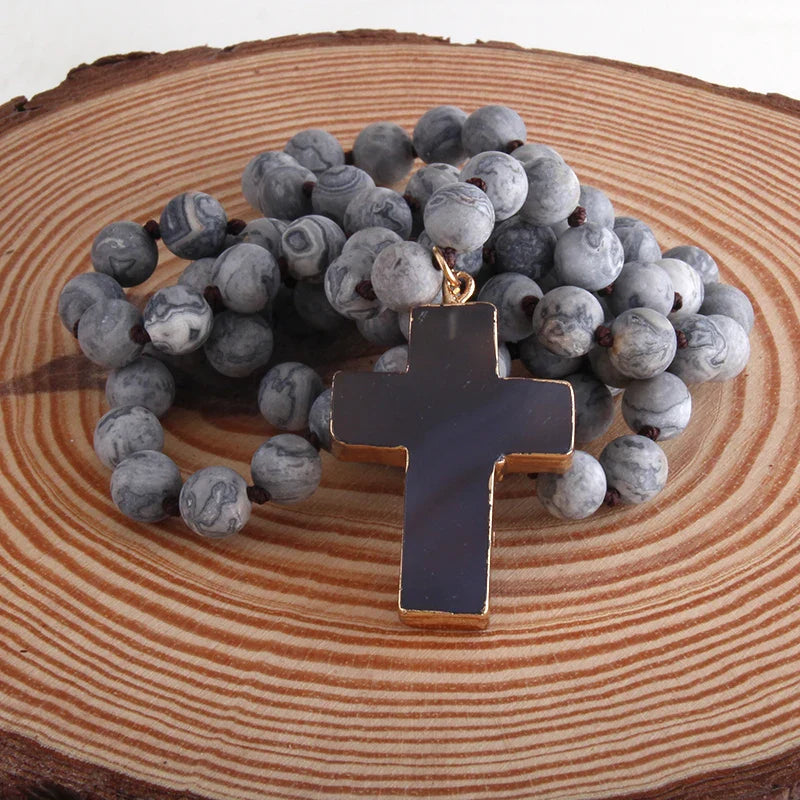 Rosary Cross Pendant Necklace in Gray Natural Stones