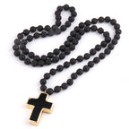 Rosary Cross Pendant Necklace in Lava Natural Stones