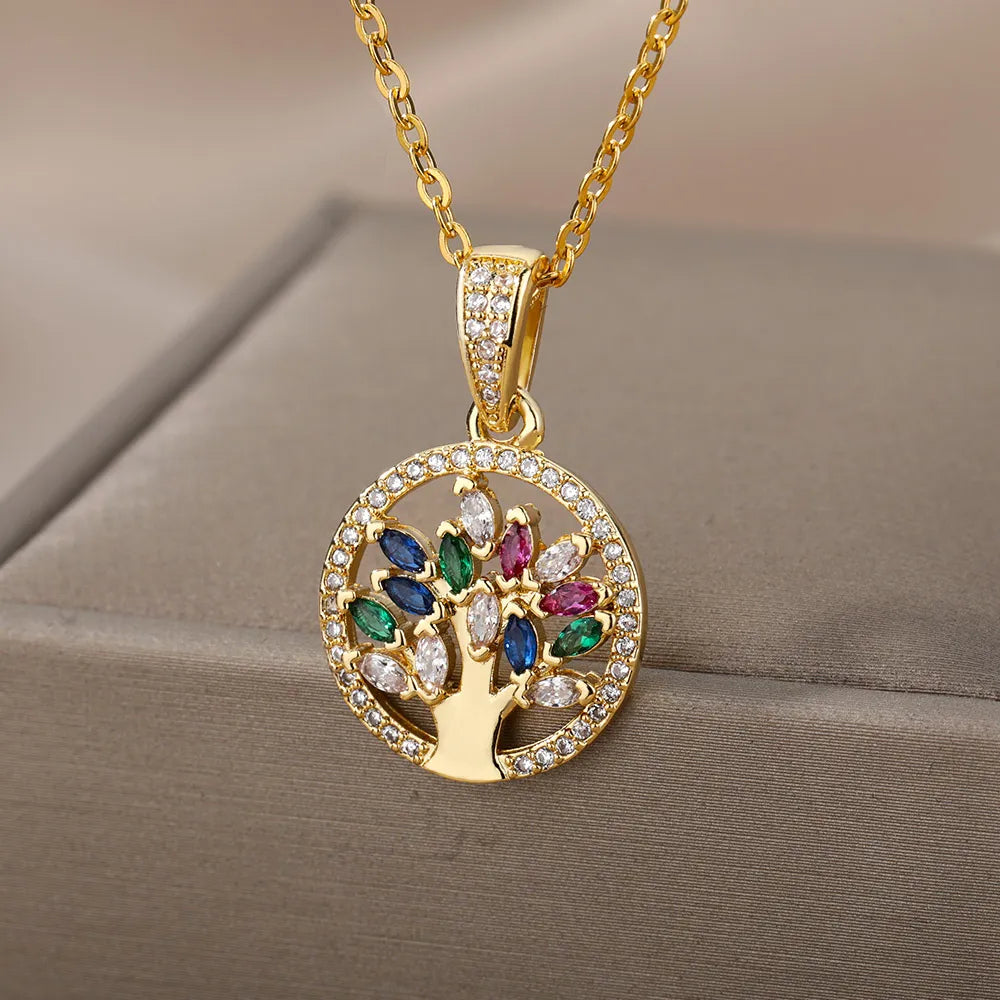 Tree of Life Pendant Necklace for Women with Gold Stones