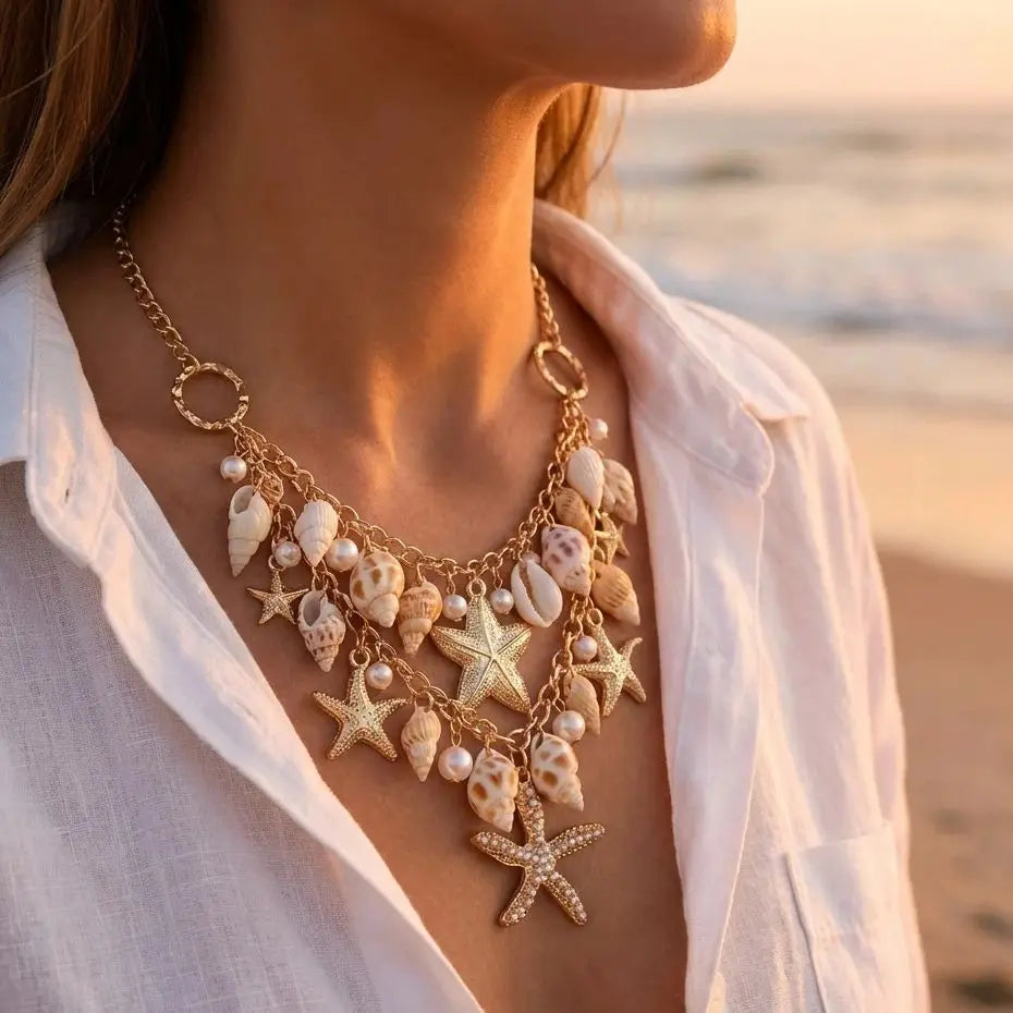 Necklace with large seashell and starfish pendant