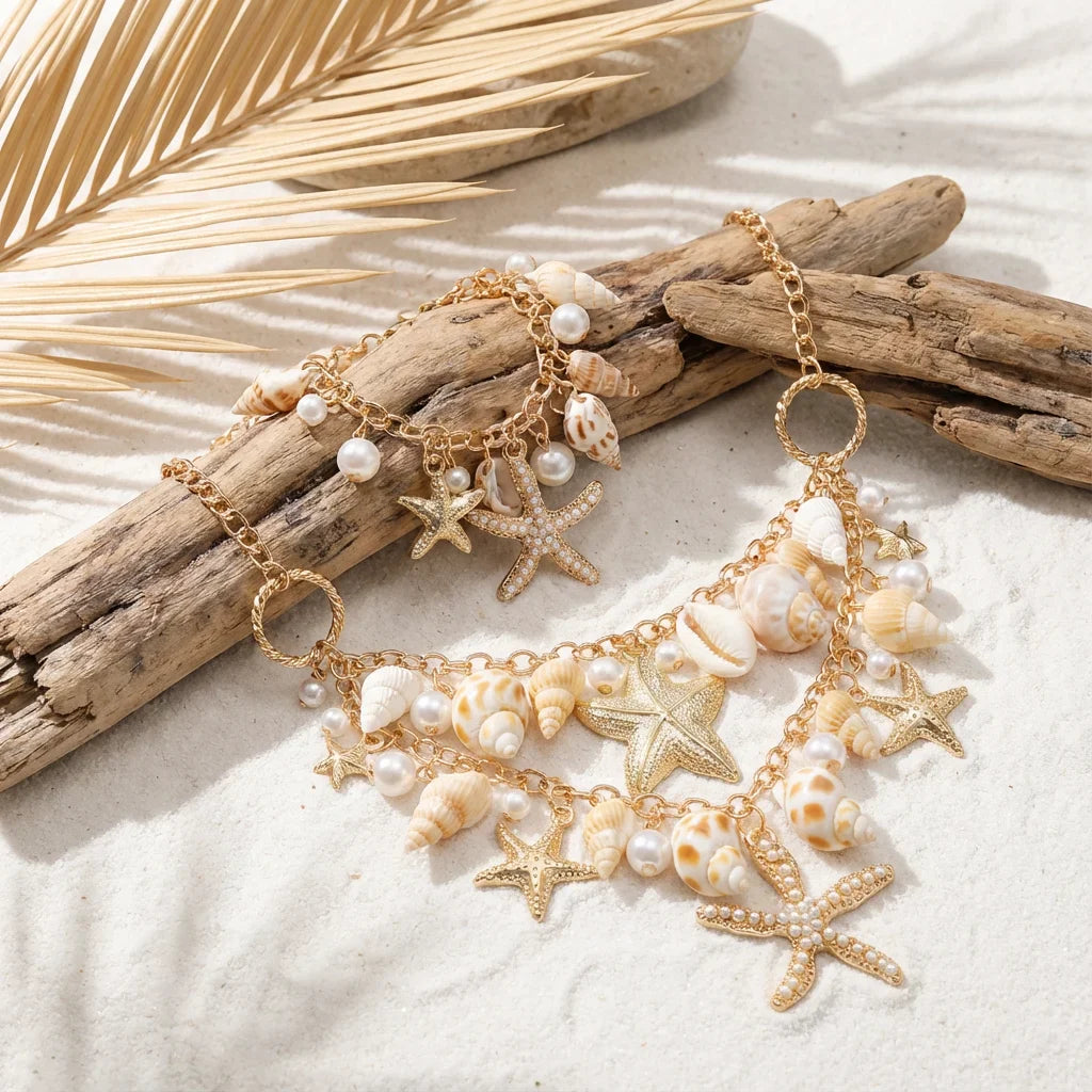 Necklace with large seashell and starfish pendant