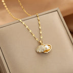 Scallop Shell Pendant Necklace with Rhinestone and Pearl