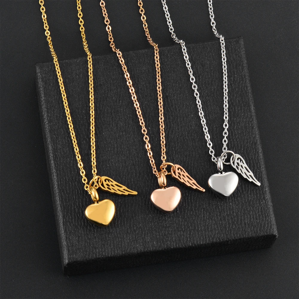 Urn necklace with angel wings and heart pendant silver