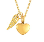 Urn necklace with angel wings and heart pendant gold