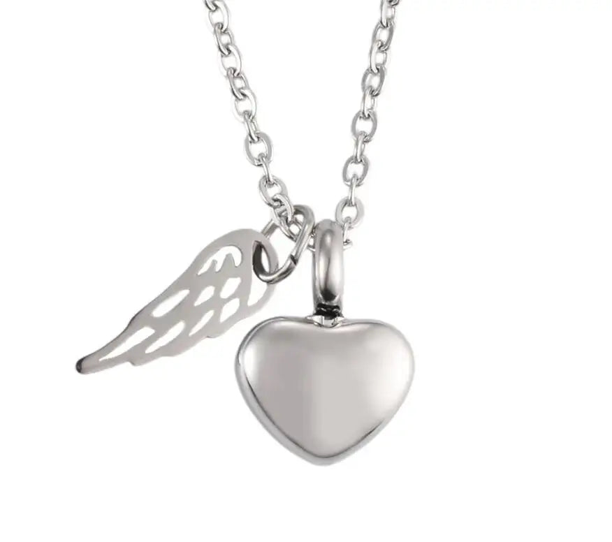 Urn necklace with angel wings and heart pendant silver