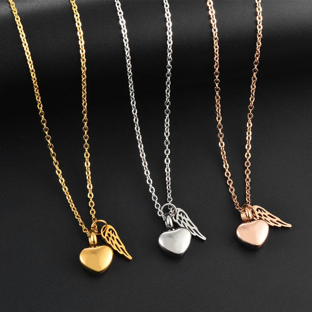 Urn necklace with angel wings and heart pendant gold