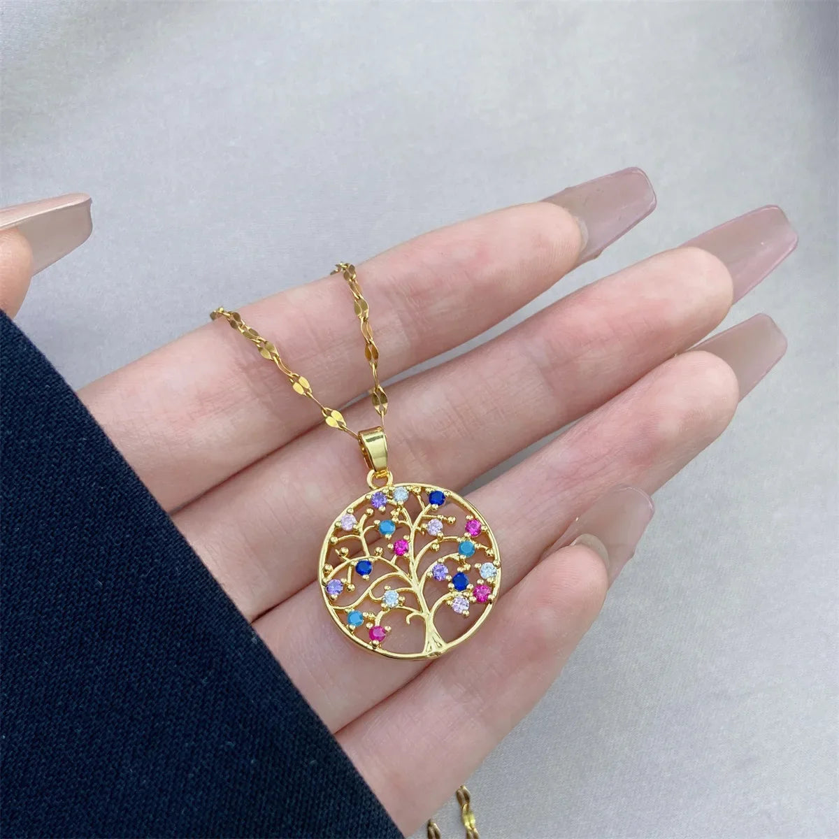 Tree of Life Pendant Necklace with Multicolor Zircon