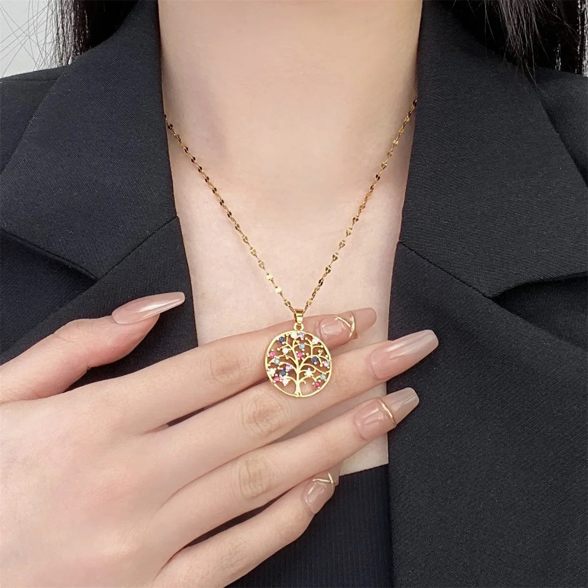 Tree of Life Pendant Necklace with Multicolor Zircon