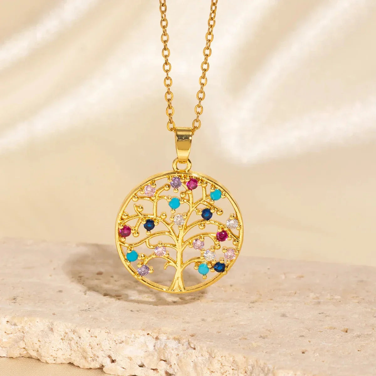 Tree of Life Pendant Necklace with Multicolor Zircon