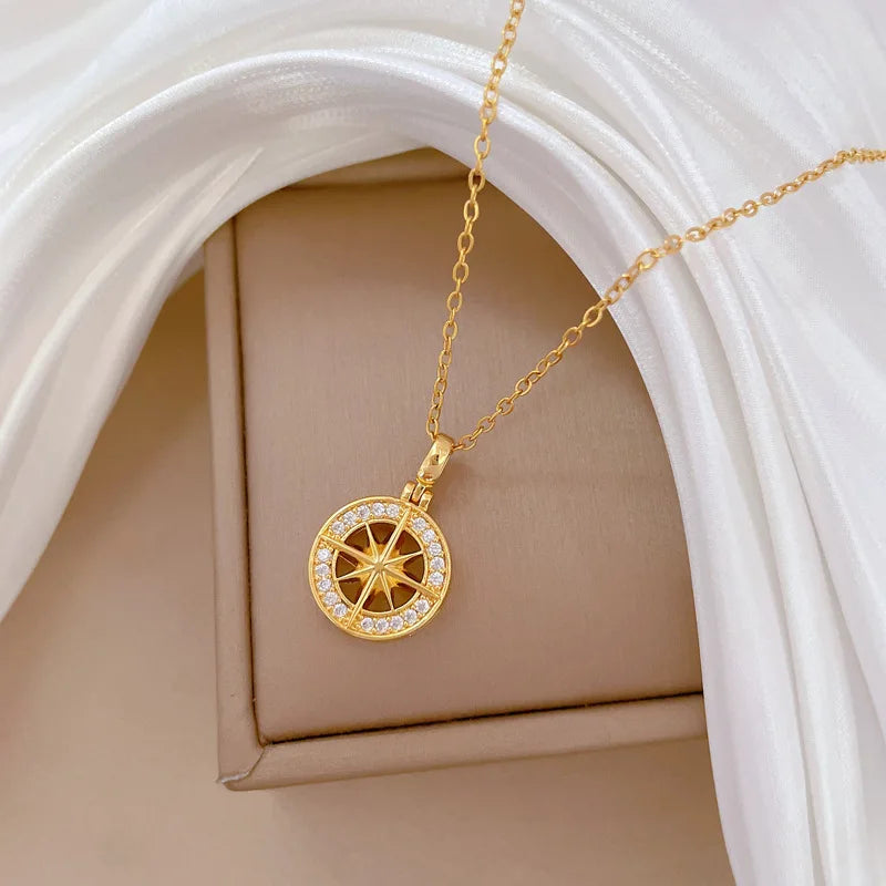 Compass Pendant Necklace with Compass Rose Zircon