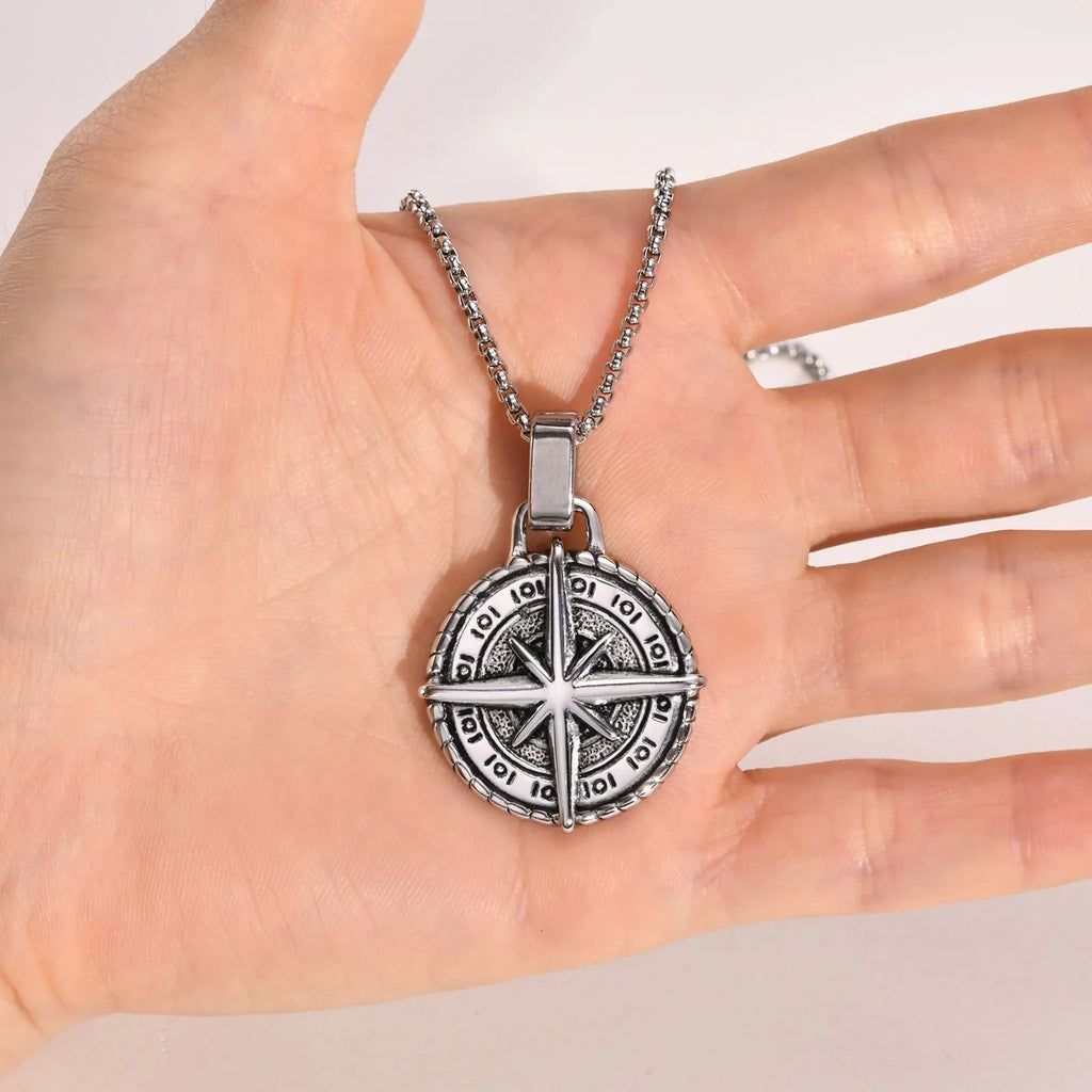 Necklace with Compass Pendant Wind Rose for Men silver