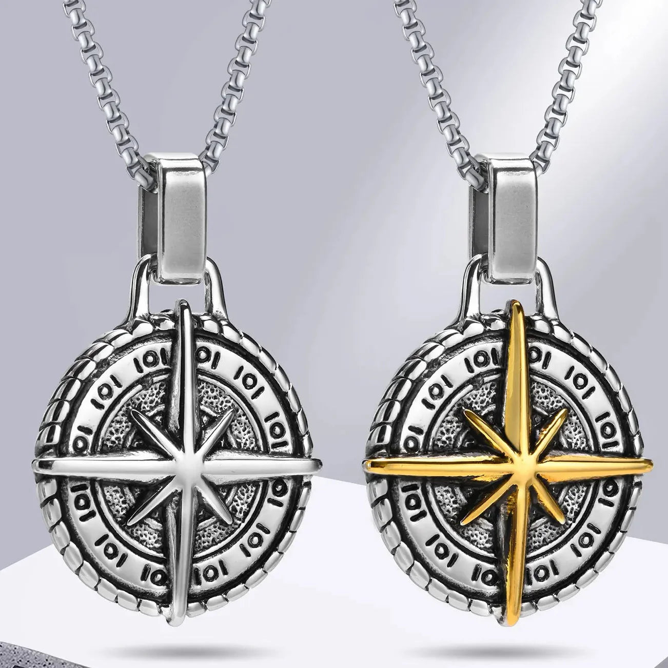 Necklace with Compass Pendant Wind Rose for Men gold