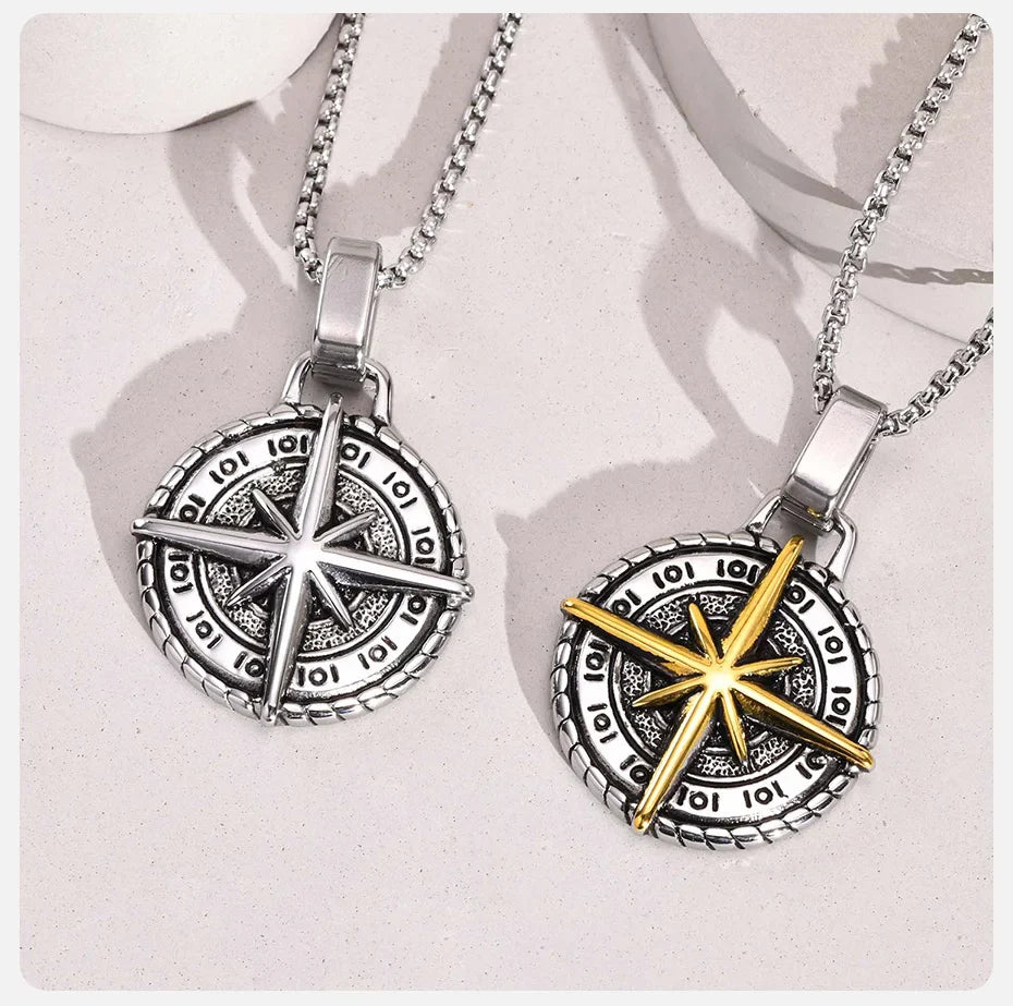 Necklace with Compass Pendant Wind Rose for Men gold