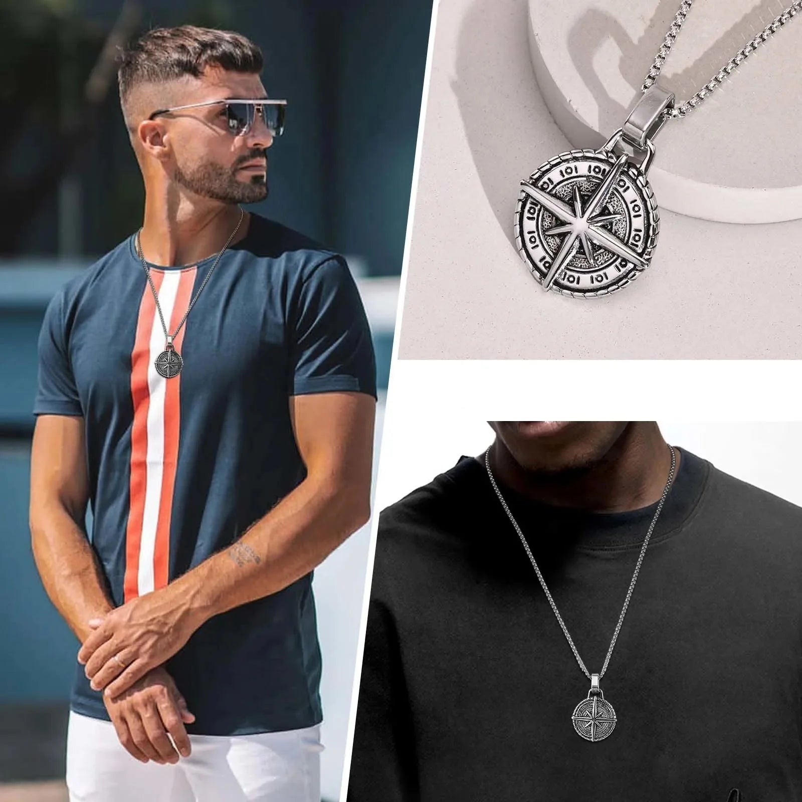 Necklace with Compass Pendant Wind Rose for Men silver
