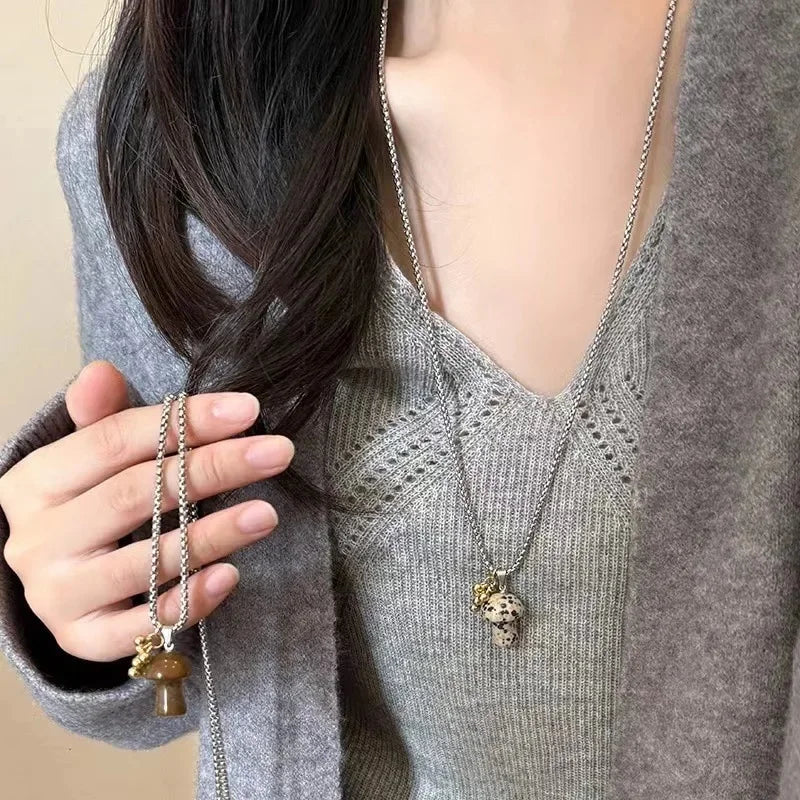 Necklace with Autumn Mushroom Pendant Tiger's Eye