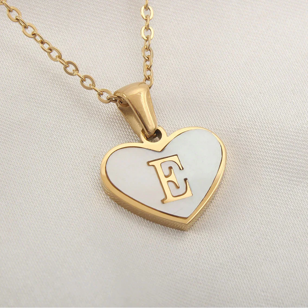 White heart pendant necklace initial e