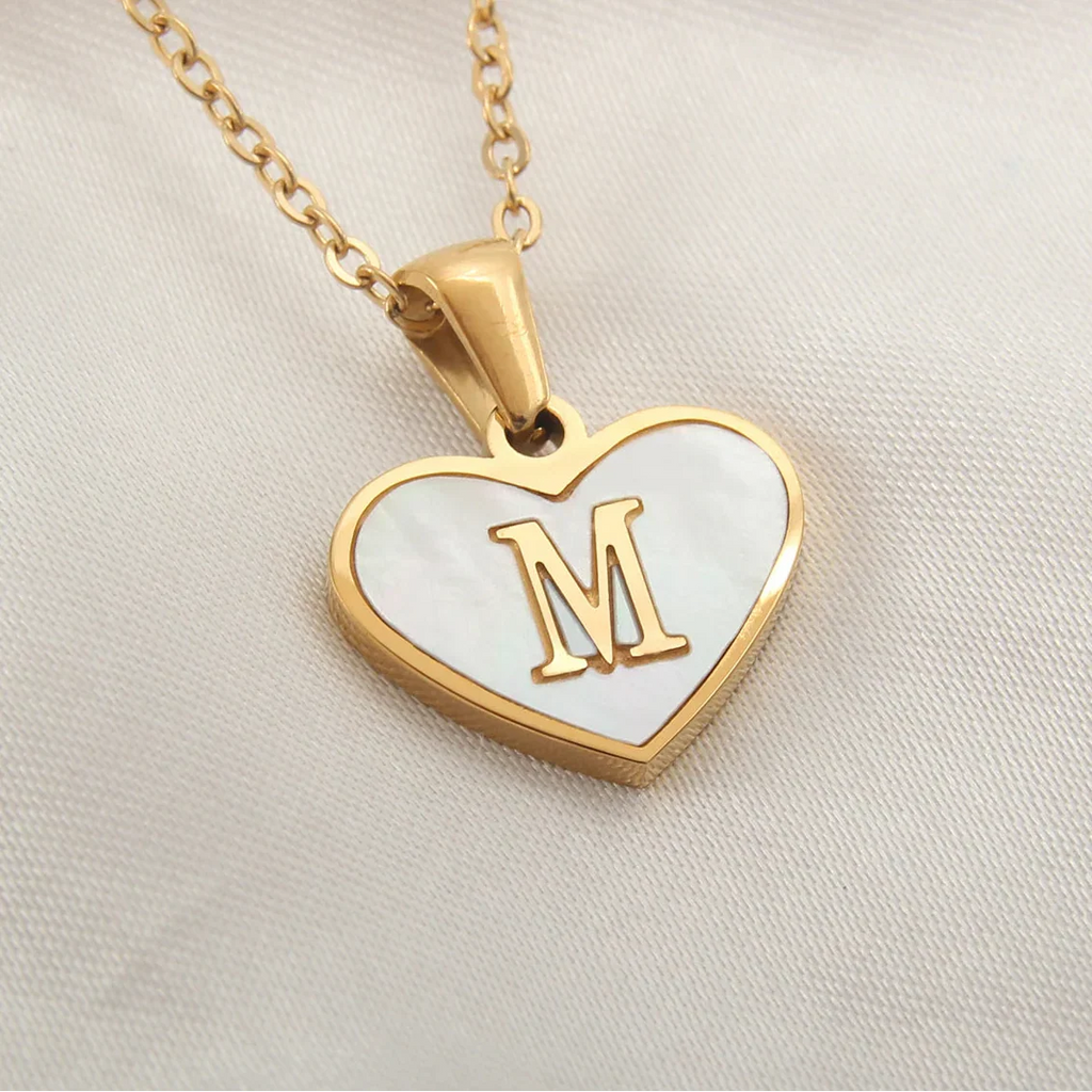 White heart pendant necklace initial m