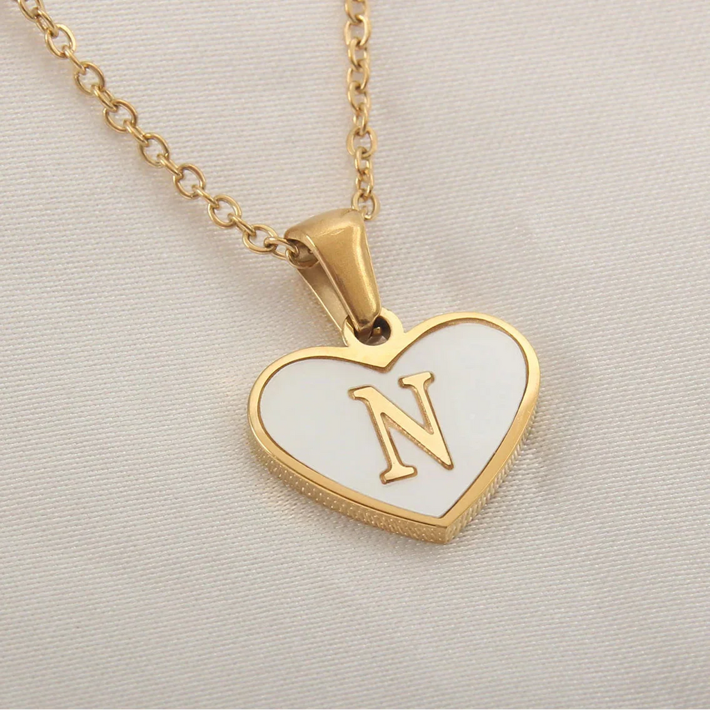 White heart pendant necklace initial n
