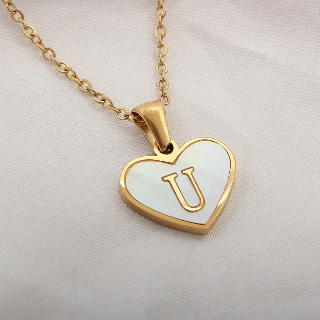 White heart pendant necklace initial u