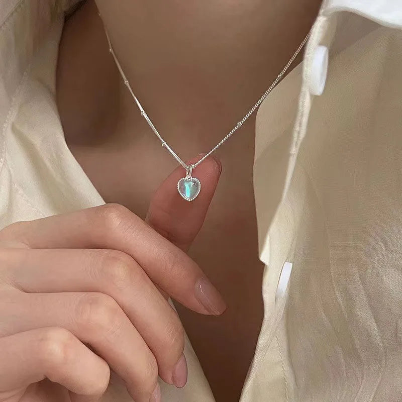 Necklace with Moonstone Fertility Heart Pendant Beaded Chain