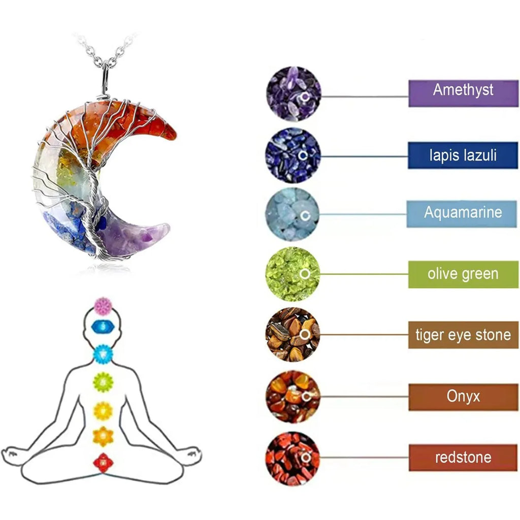 Crescent Moon Pendant Necklace 7 Chakras