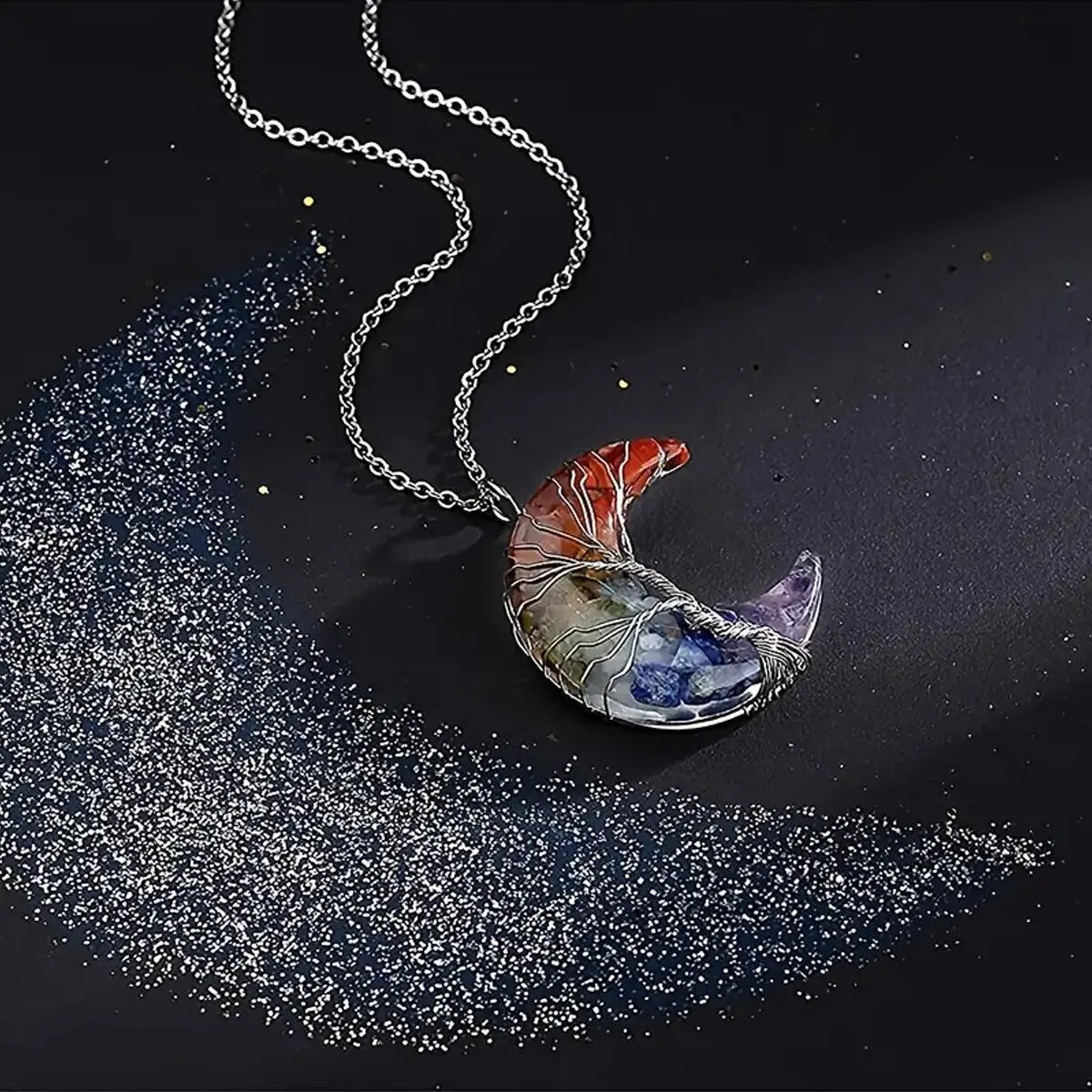 Crescent Moon Pendant Necklace 7 Chakras