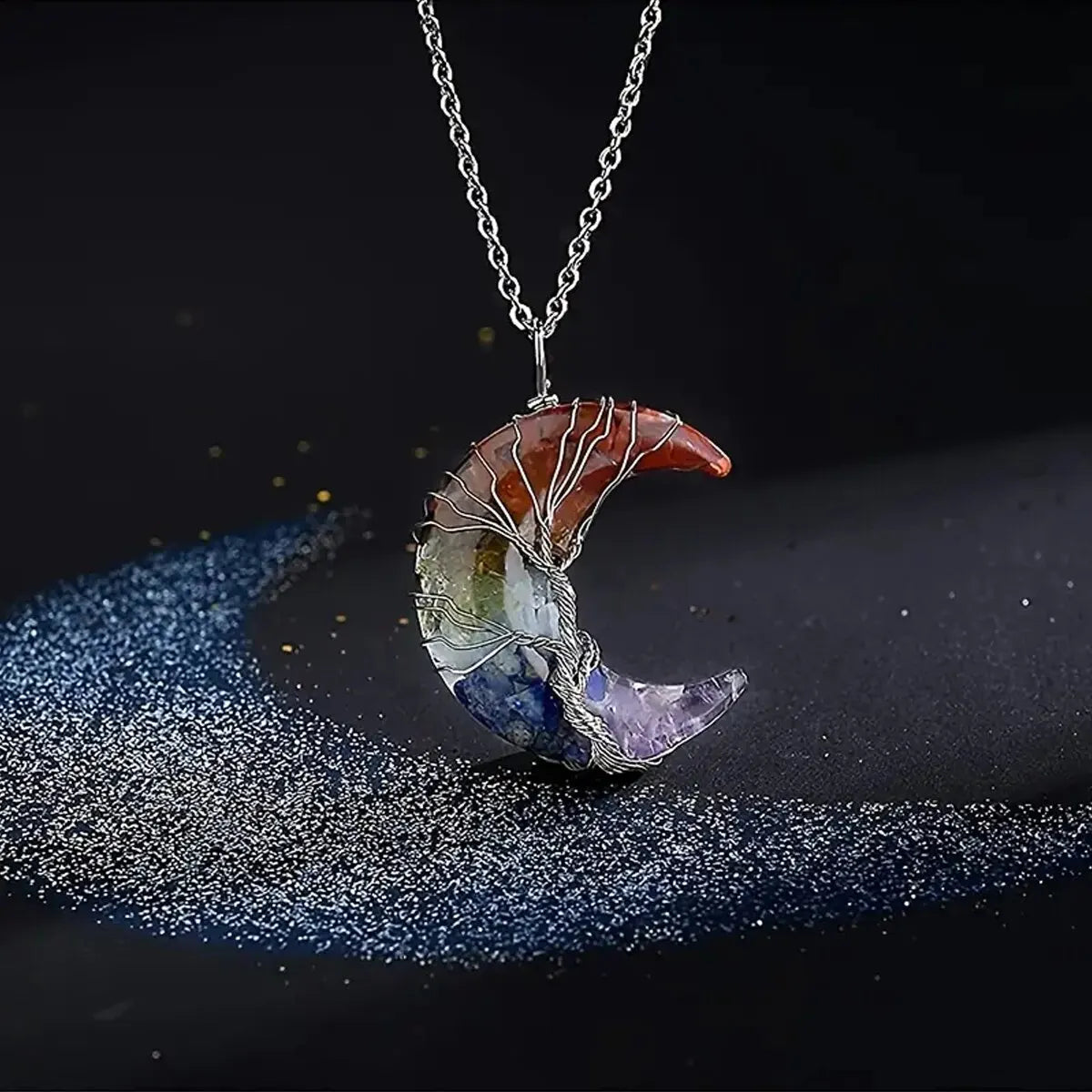 Crescent Moon Pendant Necklace 7 Chakras