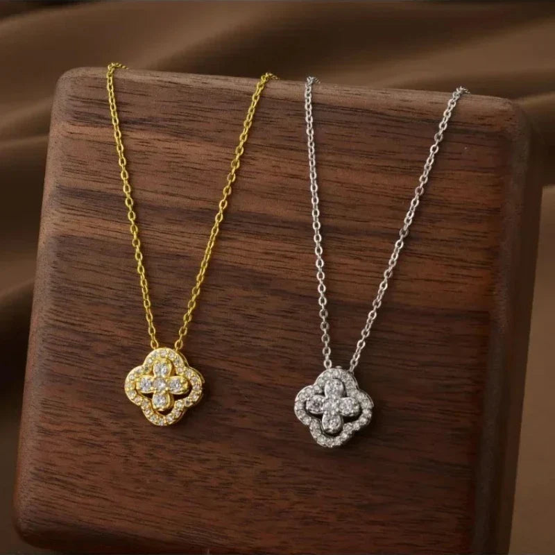 Necklace with Four-Leaf Clover Pendant in Zircon Gold