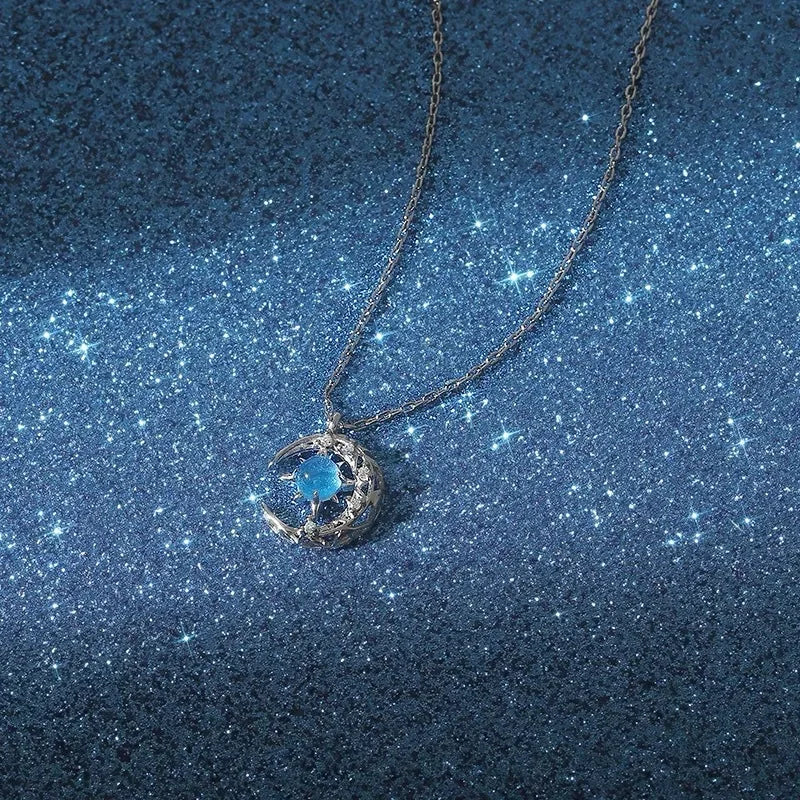 Star Pendant Necklace with Moonstone and Zircon for Women silver