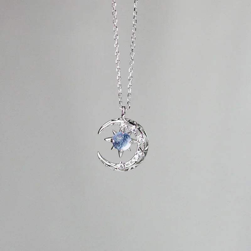 Star Pendant Necklace with Moonstone and Zircon for Women silver