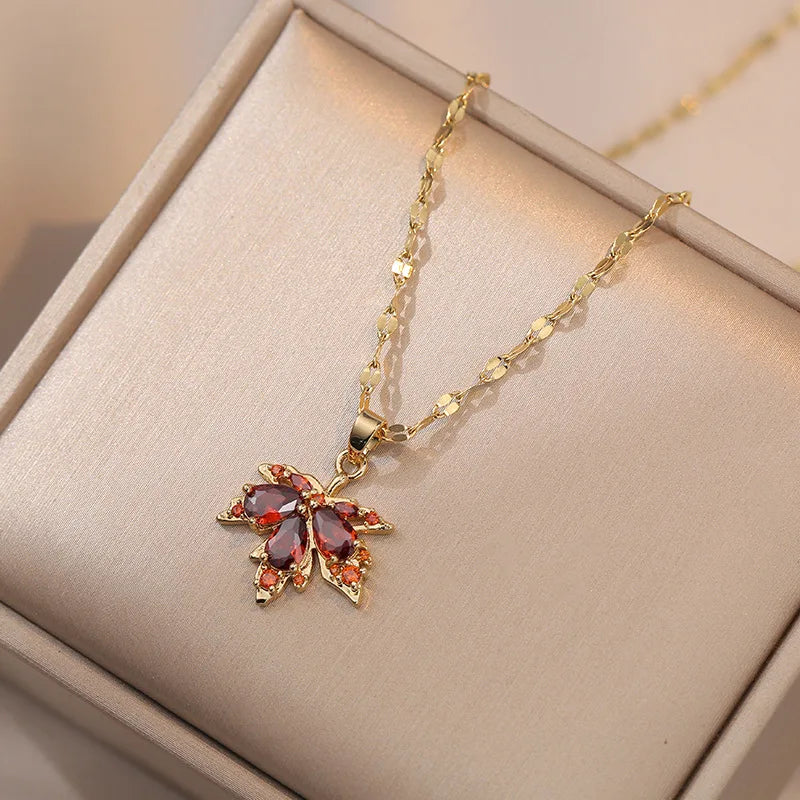 Necklace with Colorful Maple Leaf Pendant red
