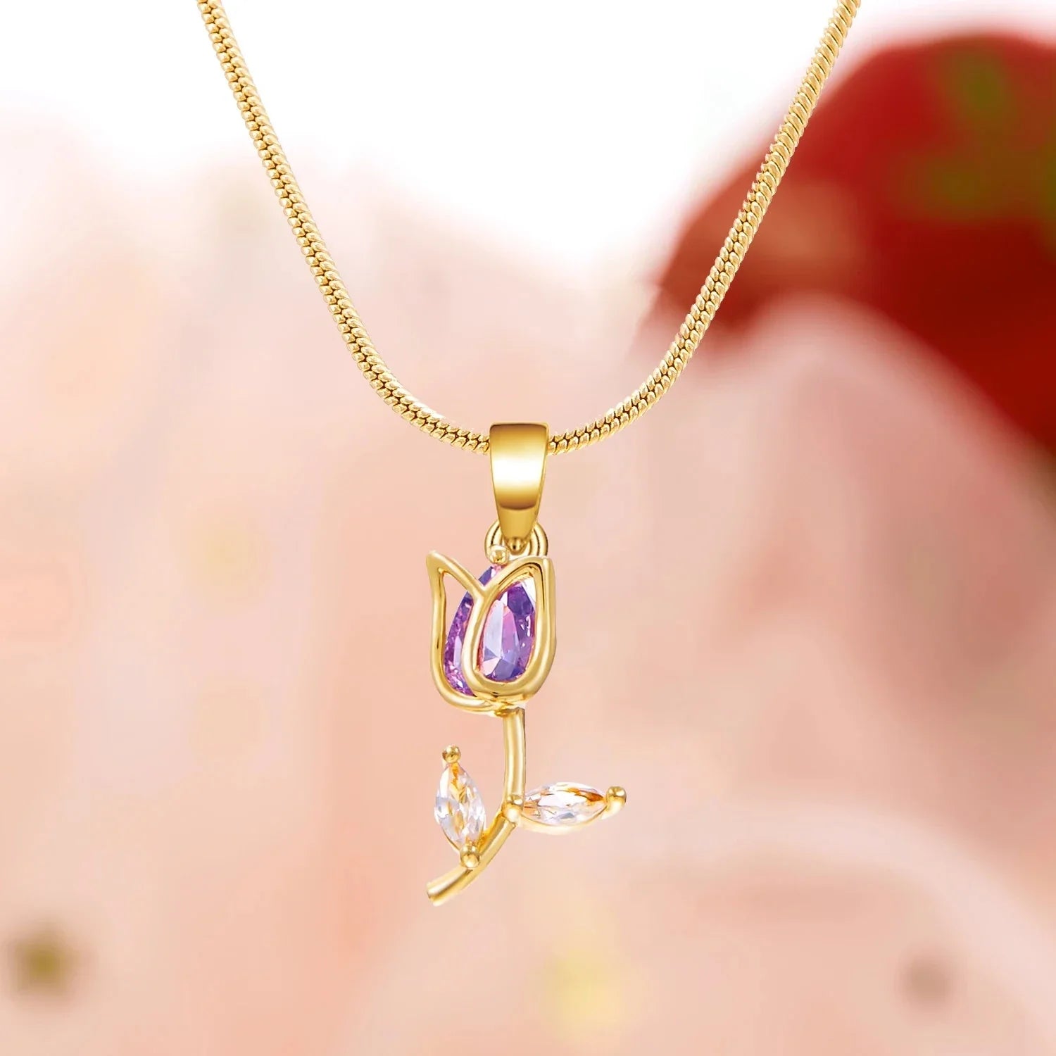 Necklace with Purple Zircon Tulip Flower Pendant