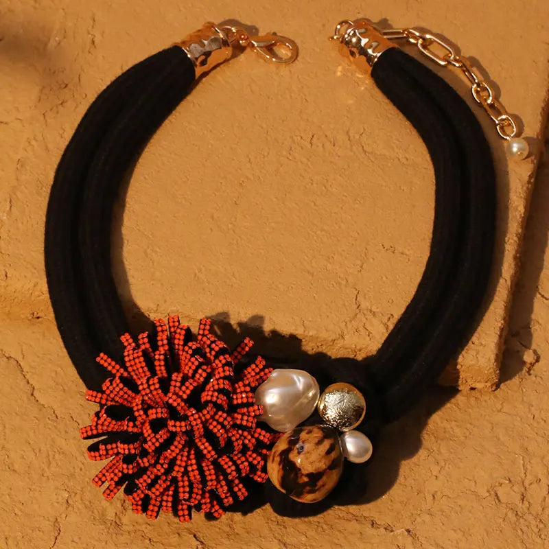 Choker Necklace with Red Flower Pendant and Pearls