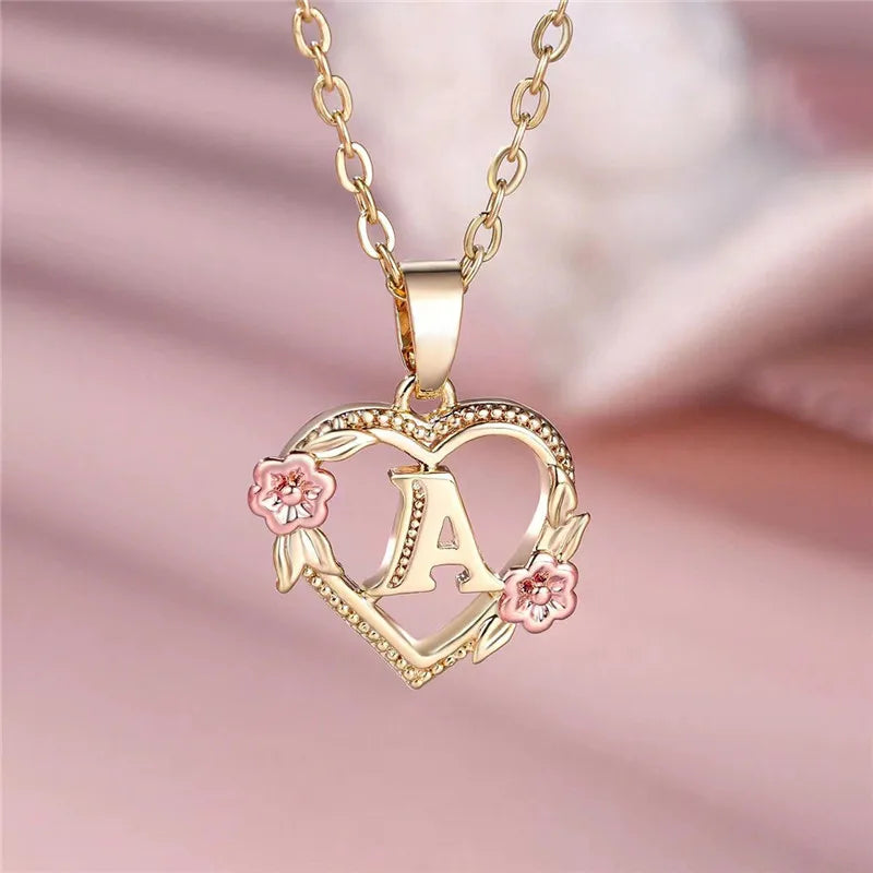 Necklace with heart and flower initial pendant a