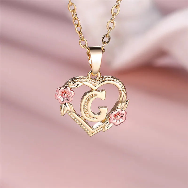 Necklace with heart and flower initial pendant g