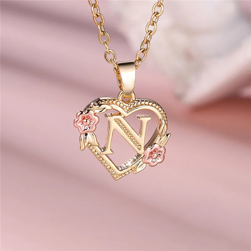 Necklace with heart and flower initial pendant n