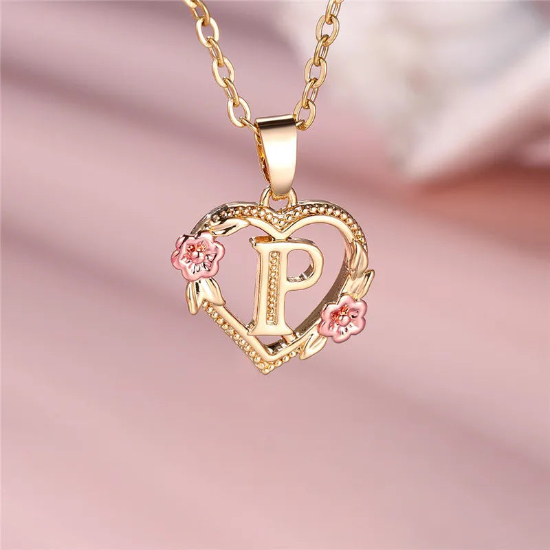Necklace with heart and flower initial pendant p