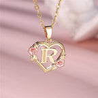 Necklace with heart and flower initial pendant r