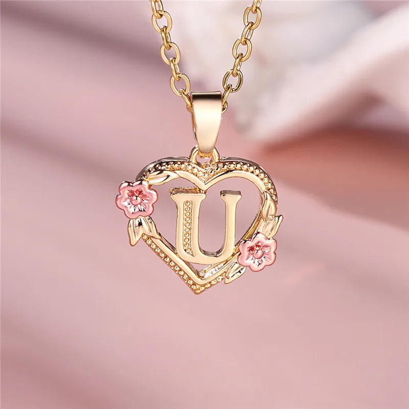 Necklace with heart and flower initial pendant u