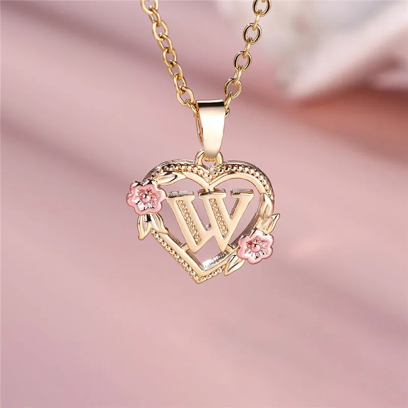 Necklace with heart and flower initial pendant w