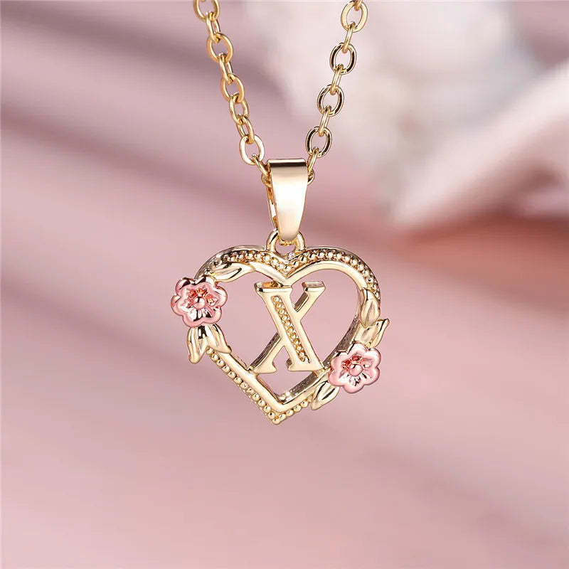 Necklace with heart and flower initial pendant x