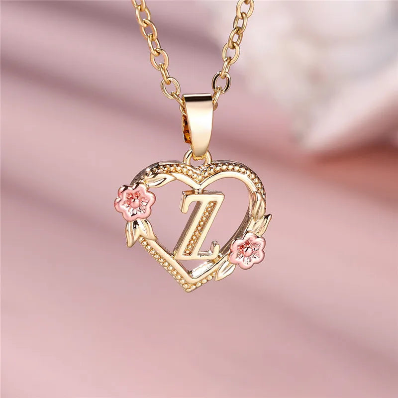 Necklace with heart and flower initial pendant z