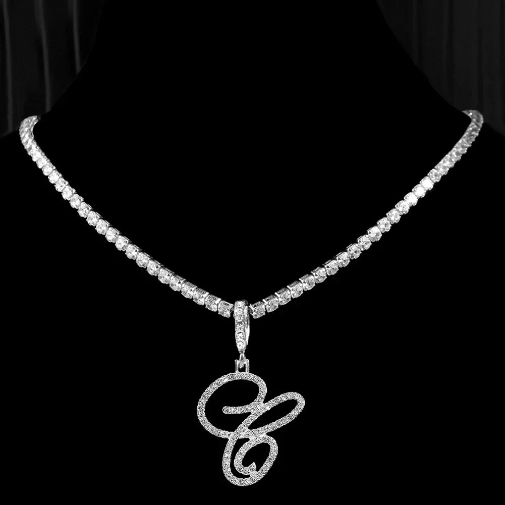 Choker necklace with initial pendant and rhinestones c