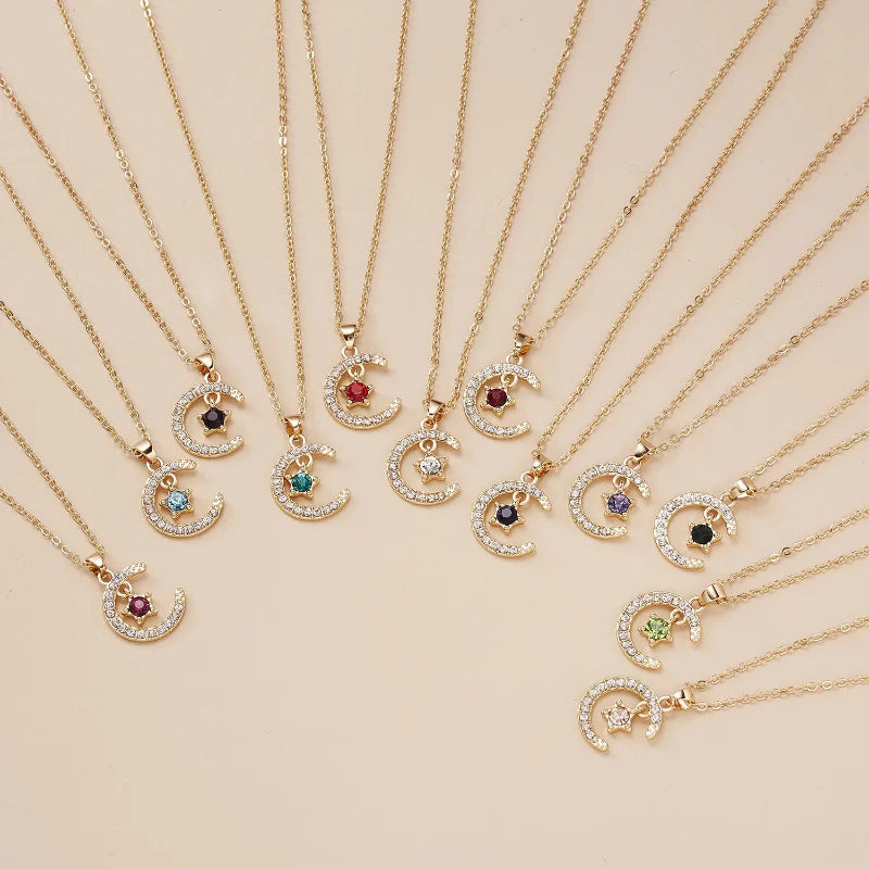 Necklace with Rhinestone Moon Pendant Birthstone